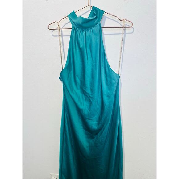 FAVIANA Green Satin Sleeveless Halter Neck Thigh-High Side Slit Gown Dress sz 14 - Picture 7 of 16